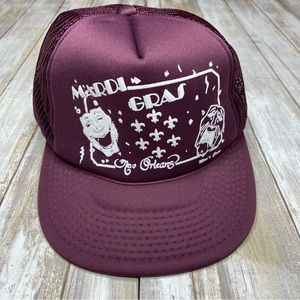 Vintage Mardi Gras Snapback Trucker Hat YR Headwear Puff Print Burgundy